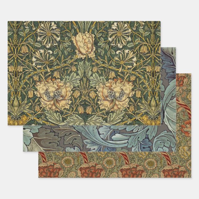 William Morris Honeysuckle Green Floral Wrapping Paper Sheets (Set)