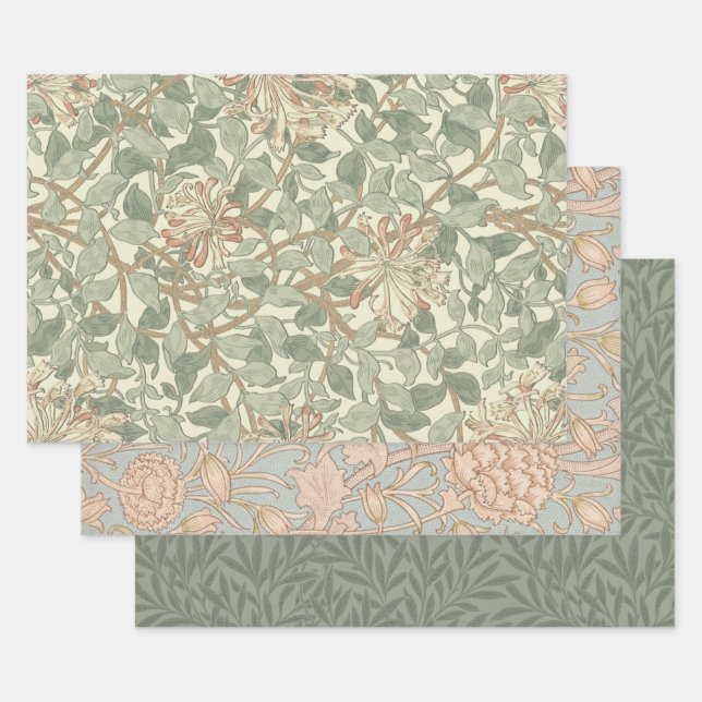 William Morris Honeysuckle Green Floral Wrapping Paper Sheets (Set)