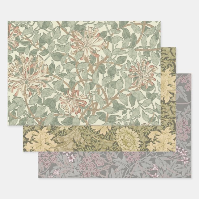 William Morris Honeysuckle Green Floral Wrapping Paper Sheets (Set)