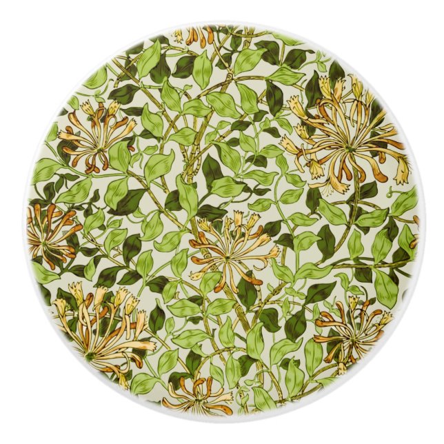 William Morris Honeysuckle Green Flowers Ceramic Knob (Front)