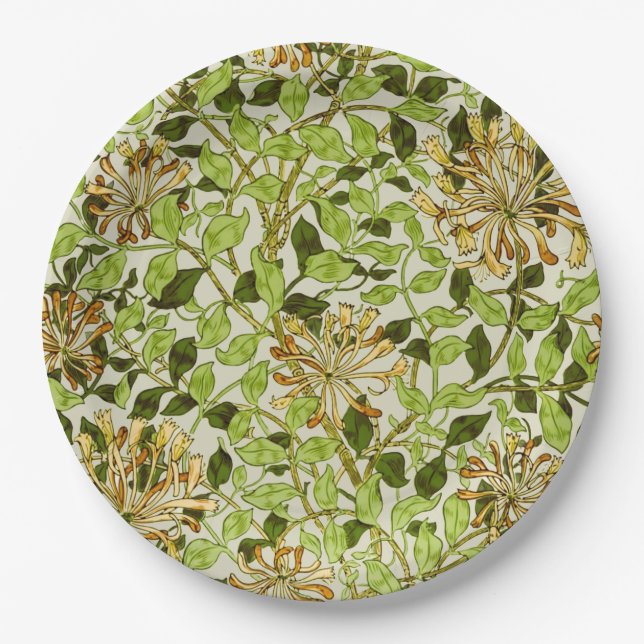 William Morris Honeysuckle Green Flowers Paper Plates (Front)