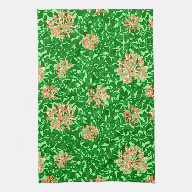 William Morris Honeysuckle, Peach and Green Kitchen Towel (Vertical)