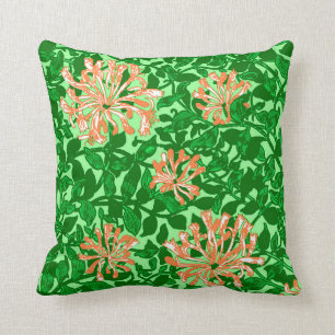 William Morris Honeysuckle, Peach and Green Throw Pillow