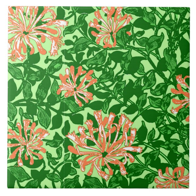 William Morris Honeysuckle, Peach and Green Tile (Front)