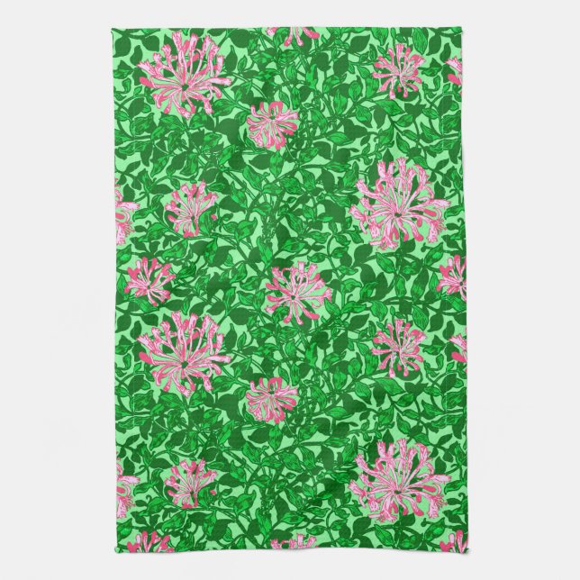 William Morris Honeysuckle, Pink and Green Kitchen Towel (Vertical)