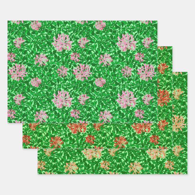 William Morris Honeysuckle, Pink. Red, Peach Wrapping Paper Sheets (Set)