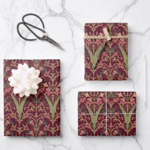 William Morris Hyacinth Floral burgundy Pattern Wrapping Paper Sheets