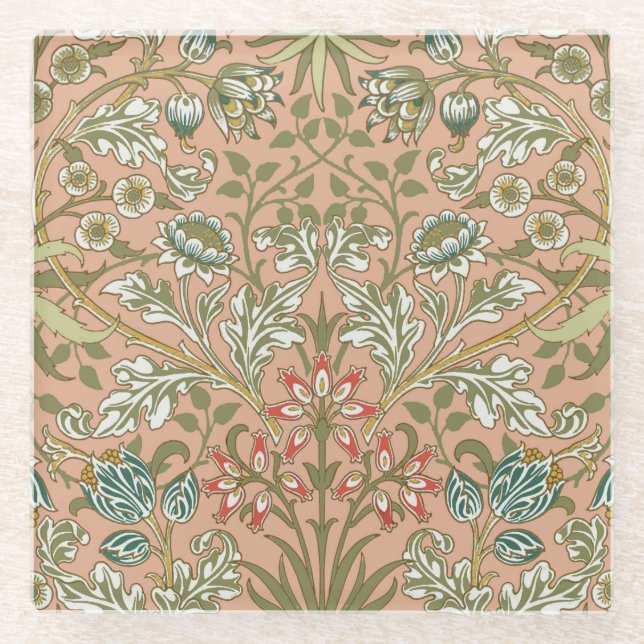 William Morris Hyacinth Flower Rose Art Glass Coaster (Front)