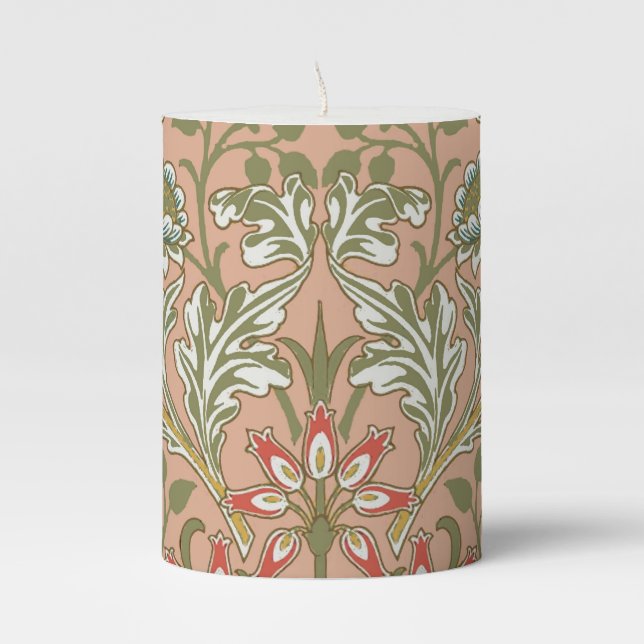 William Morris Hyacinth Flower Rose Art Pillar Candle (Front)