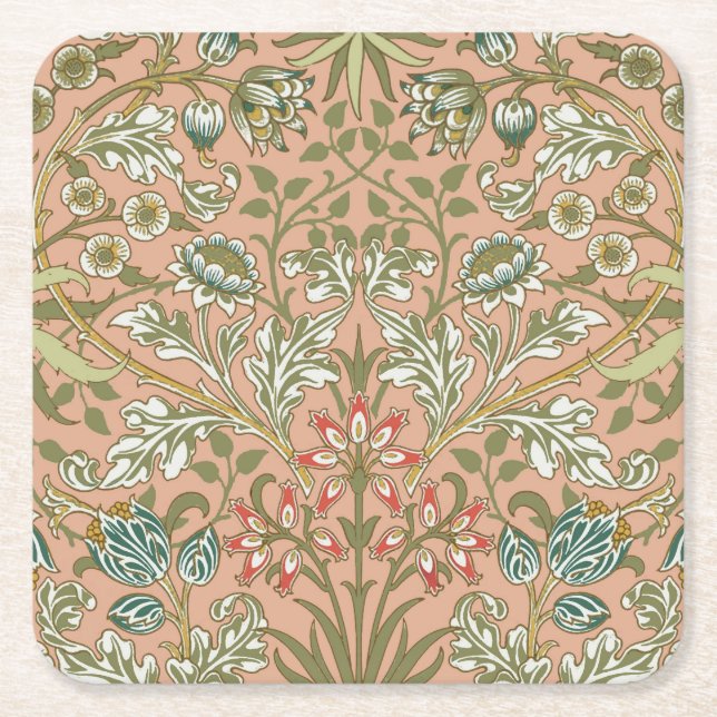 William Morris Hyacinth Flower Rose Art Square Paper Coaster (Front)