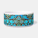 William Morris Hyacinth Print, Aqua and Brown Bowl<br><div class="desc">Pet bowl in a vintage William Morris pattern of hyacinths,  tulips and leaves,  in shades of soft aqua and cerulean blue,  accented with coral pink and orange,  on a dark chocolate brown background</div>