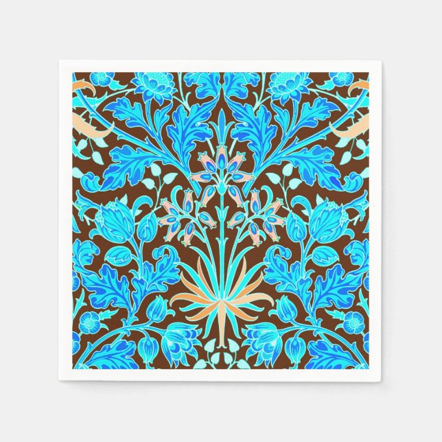 William Morris Hyacinth Print, Aqua and Brown Paper Napkins (Front)