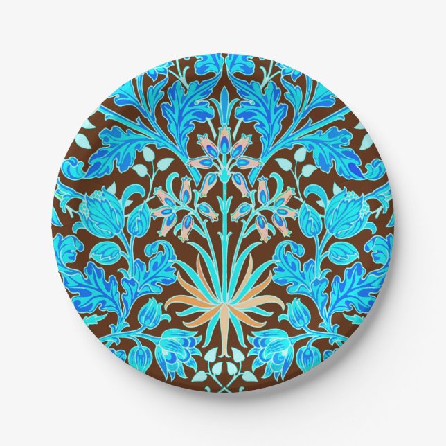 William Morris Hyacinth Print, Aqua and Brown Paper Plates (Front)