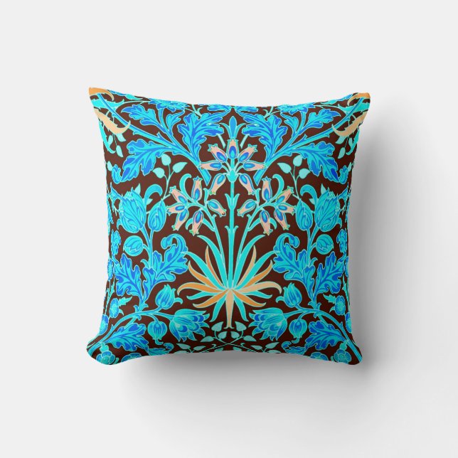 William Morris Hyacinth Print, Aqua and Brown Throw Pillow (Front)