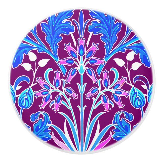 William Morris Hyacinth Print, Aqua and Purple Ceramic Knob (Front)