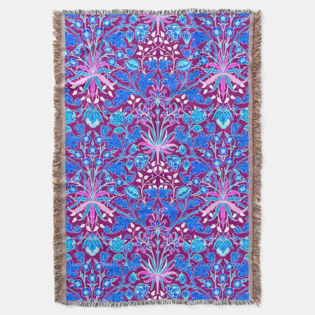William Morris Hyacinth Print, Aqua and Purple Throw Blanket (Front Vertical)