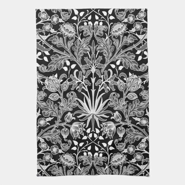 William Morris Hyacinth Print, Black and White Kitchen Towel (Vertical)