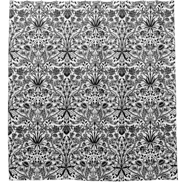William Morris Hyacinth Print, Black, White & Gray Shower Curtain (Front)