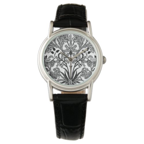 William Morris Hyacinth Print, Black, White &amp; Gray Wrist Watch