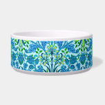William Morris Hyacinth Print, Cerulean Blue Bowl<br><div class="desc">Pet bowl in a vintage William Morris pattern of hyacinths, tulips and leaves, in shades of deep cerulean and cobalt blue, accented with navy, yellow, and lime green, on a pastel sky blue background</div>