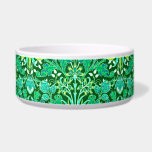 William Morris Hyacinth Print, Emerald Green Bowl<br><div class="desc">Pet bowl in a vintage William Morris pattern of hyacinths,  tulips and leaves,  in shades of emerald and jade green,  accented with aqua and white,  on a deep forest green background</div>