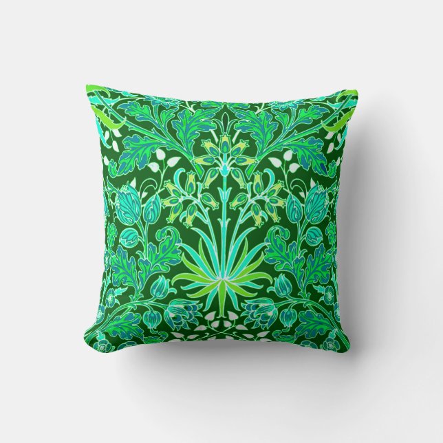 William Morris Hyacinth Print, Emerald Green Throw Pillow (Front)