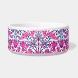 William Morris Hyacinth Print, Fuchsia Pink Bowl<br><div class="desc">Pet bowl in a vintage William Morris pattern of hyacinths,  tulips and leaves,  in shades of fuchsia and soft pink,  accented with dark blue and turquoise,  on a white background</div>