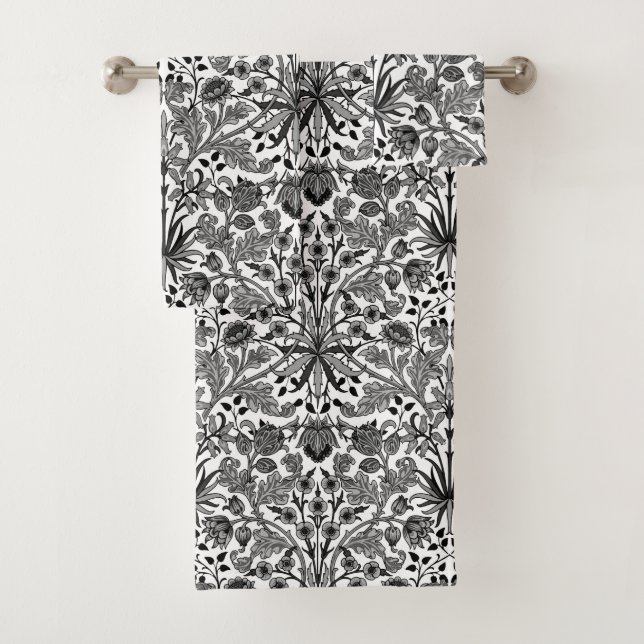 William Morris Hyacinth Print, Gray, Black & White Bath Towel Set (Insitu)