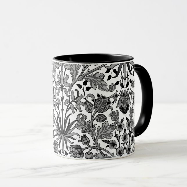William Morris Hyacinth Print, Gray, Black & White Mug (Front Right)