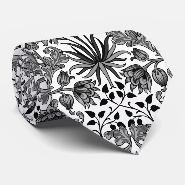 William Morris Hyacinth Print, Gray, Black & White Neck Tie (Rolled)
