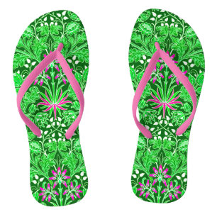 William Morris Hyacinth Print Lime & Emerald Green Flip Flops