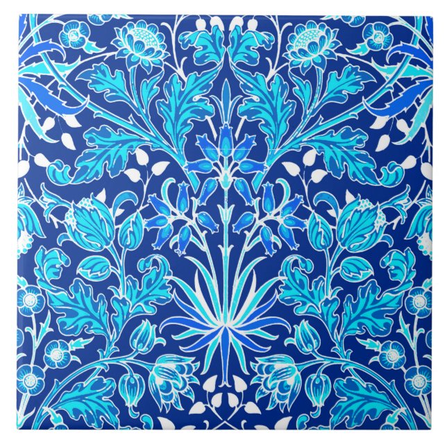 William Morris Hyacinth Print, Navy & Cobalt Blue Ceramic Tile (Front)