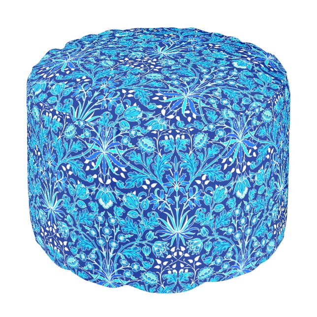 William Morris Hyacinth Print, Navy & Cobalt Blue Pouf (Angled Front)