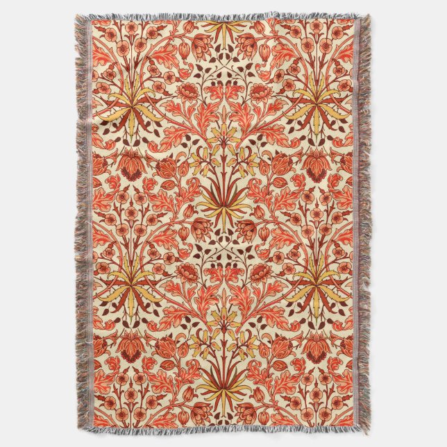 William Morris Hyacinth Print, Orange and Rust Throw Blanket (Front Vertical)