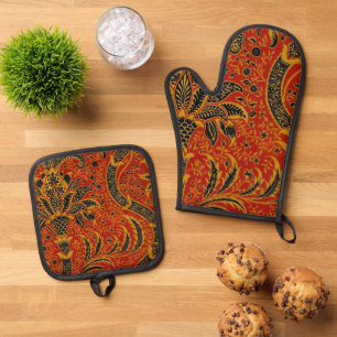 William Morris India Red Floral Vintage Classic Oven Mitt & Pot Holder Set