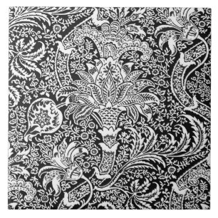 William Morris Indian, Black and White Ceramic Tile