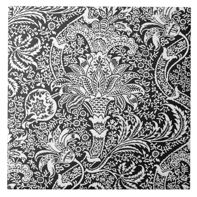 William Morris Indian, Black and White Ceramic Tile (Front)
