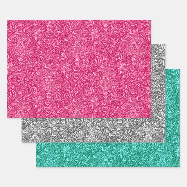 William Morris Indian, Fuchsia Pink, Gray, Aqua Wrapping Paper Sheets (Set)
