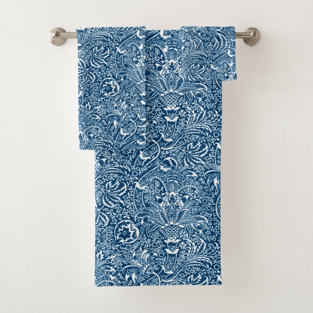 William Morris Indian, Indigo Blue and White  Bath Towel Set (Insitu)
