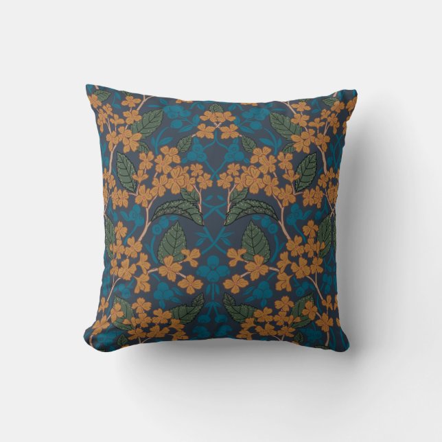 William Morris Inspired Autumn Floral Pattern Throw Pillow (Front)