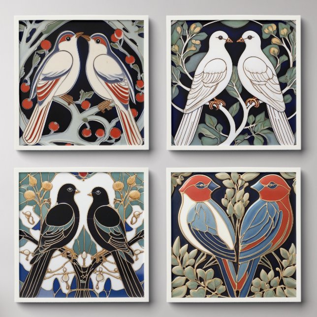 William Morris Inspired Birds Bird Couples Peel And Stick Photo Tile (Front Set)