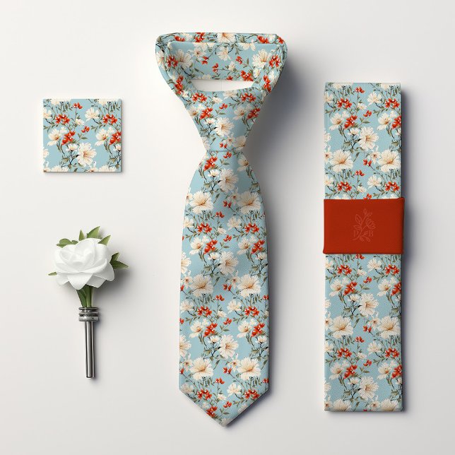 William Morris-Inspired Blue Cherry Blossom Floral Neck Tie (Creator Uploaded)