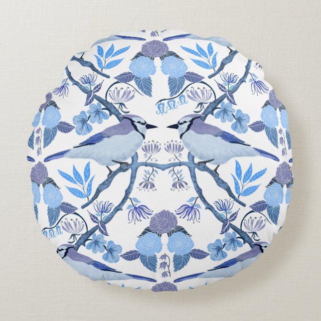 William Morris Inspired Bluejay Botanical  Round Pillow (Front)