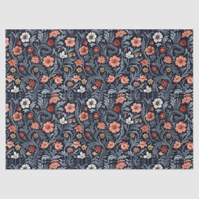 William Morris inspired blush pink navy blue Tissue Paper (Front)
