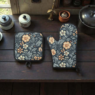 William Morris Inspired Botanical Style Pattern Oven Mitt & Pot Holder Set