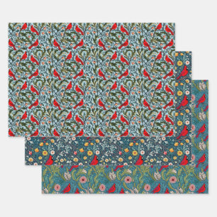 William Morris Inspired Cardinals, Vines & Flowers Wrapping Paper Sheets