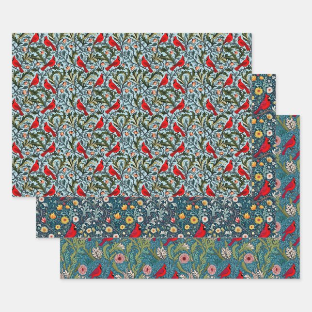 William Morris Inspired Cardinals, Vines & Flowers Wrapping Paper Sheets (Set)