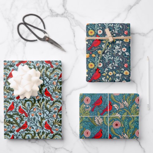 William Morris Inspired Cardinals Vines  Flowers Wrapping Paper Sheets