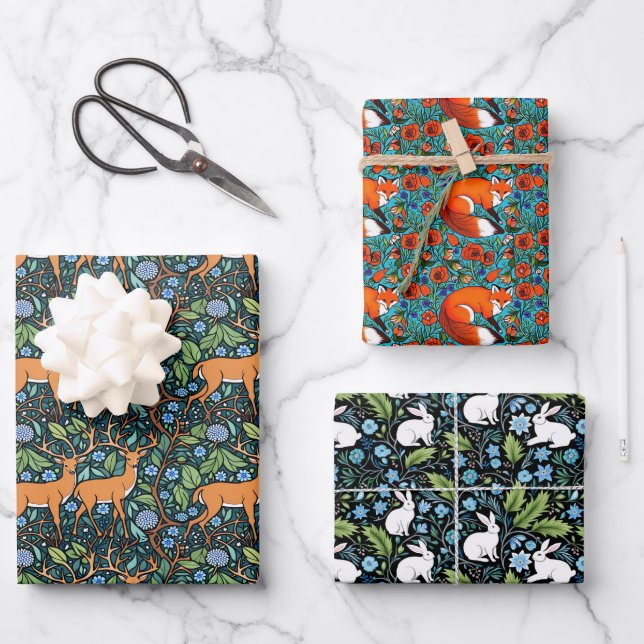 William Morris Inspired Deer,  Fox & Rabbit Wrapping Paper Sheets (Front)