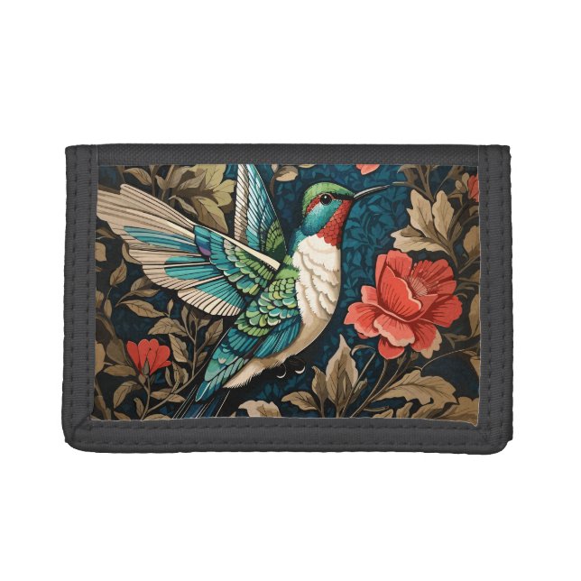 William Morris Inspired Flying Hummingbird Floral Trifold Wallet (Front)
